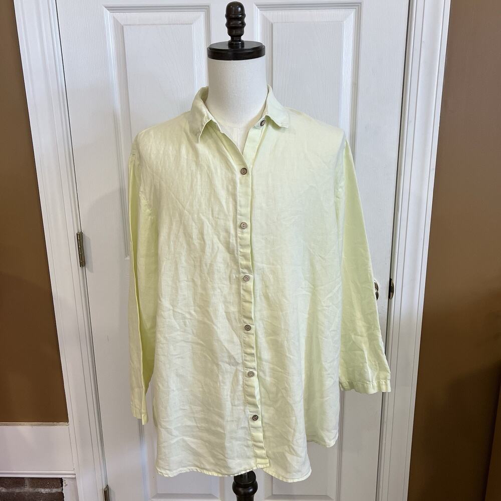 Soft Surroundings 100% Linen Shirt Size XL Pale Lime/Yellow Tunic Top Oversized